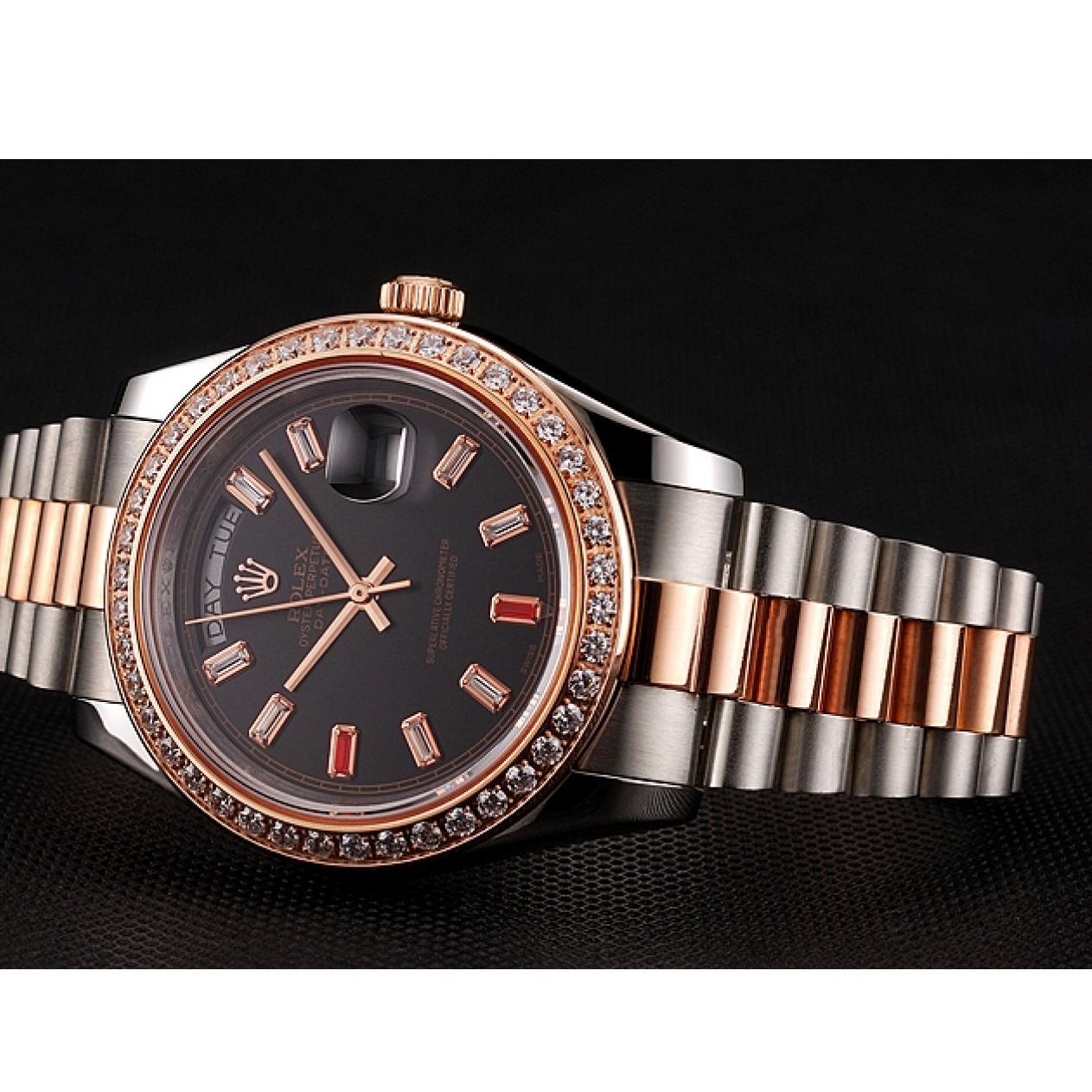 Aaa replica watch Rubies Rose Steel And Rolex Bracelet Dial 1454106 Black Diamonds Day-Date And Swiss Gold Staineless 0820
